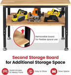 Workbench with Double Layers 48 x 20 Inch Heavy Duty Rubberwood Tabletop Work Table for Garage Adjustable Height Work Bench with Power Outlets Pegboard Pad for Woodworking Shop, Home, Office
