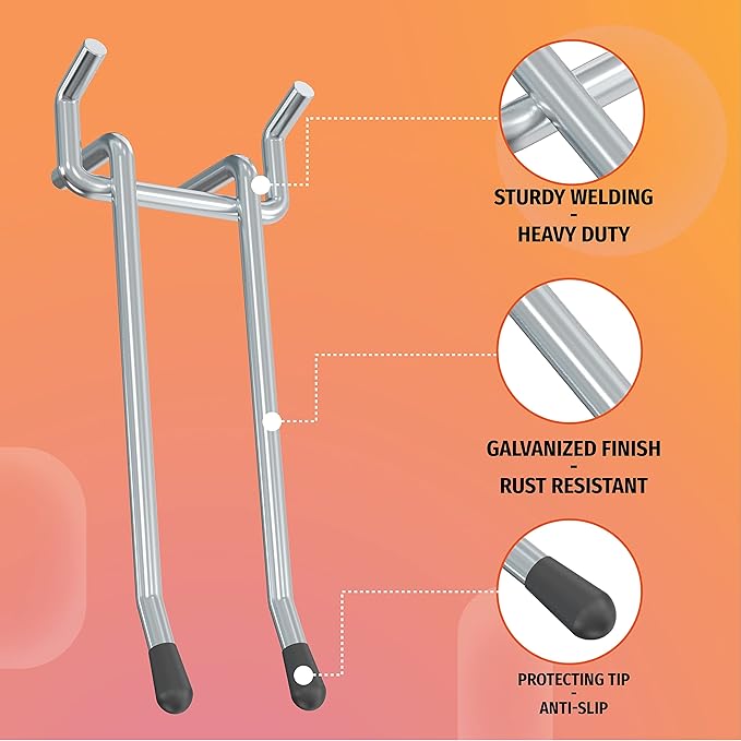 HUHOLE Double Arm Pegboard Hooks 6 Inch 10PC, Fit 1/4" Pegboard, Ideal Peg Board Tool Utility Hooks for Garage Organization, Wall Storage, Heavy Duty Tool Holder with Protecting Tip