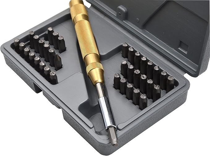 WKSTOOL 27pc Steel Stamp 5/64 2mm Heavy Duty Uppercase Letter Number Symbols with Spring Punches Hand Stamping Character Code Alphabet Marking Set for Mold Metal Jewelry Crypto Plate Leather