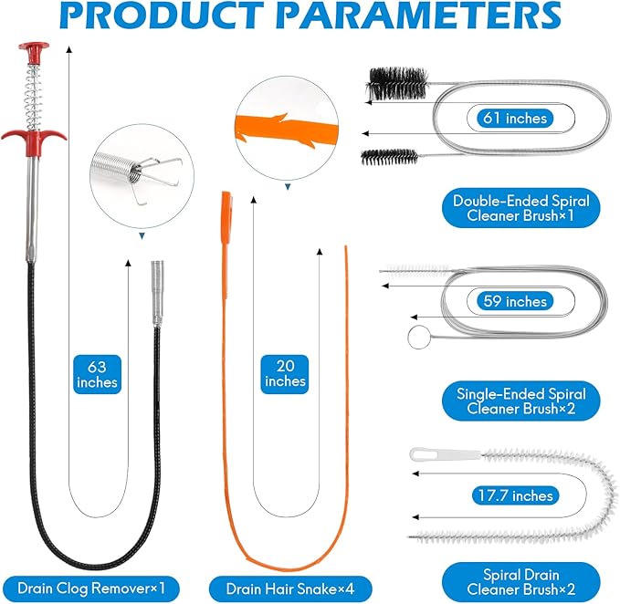 10 PCS Drain Snake Hair Drain Clog Remover Tool Set, Snake Drain Hair Removal Tool, Grabber Claw Drain Hair Remover, Flexible Drain Cleaner Brushes for Toilet, Kitchen Sink, Shower & Tub