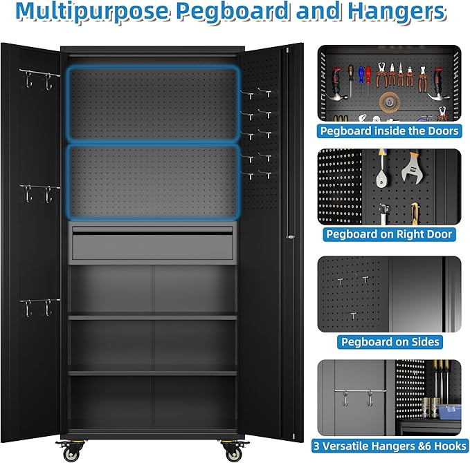 71" Metal Garage Storage Cabinet with 16 Hooks and Pegboards,1 Drawer Inside Rolling Tool Storage Cabinet with Adjustable Shelves,3 Metal Hanging Rod for Garage,Warehouse