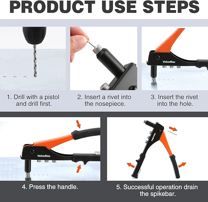 ValueMax 4-in-1 Hand Riveter/Rivet Gun, Pop Rivet Tool Kit with 200 Rivets - 3/32-inch, 1/8-inch, 5/32-inch, 3/16-inch, 4 Interchangeable Nosepieces, Suitable for Metal
