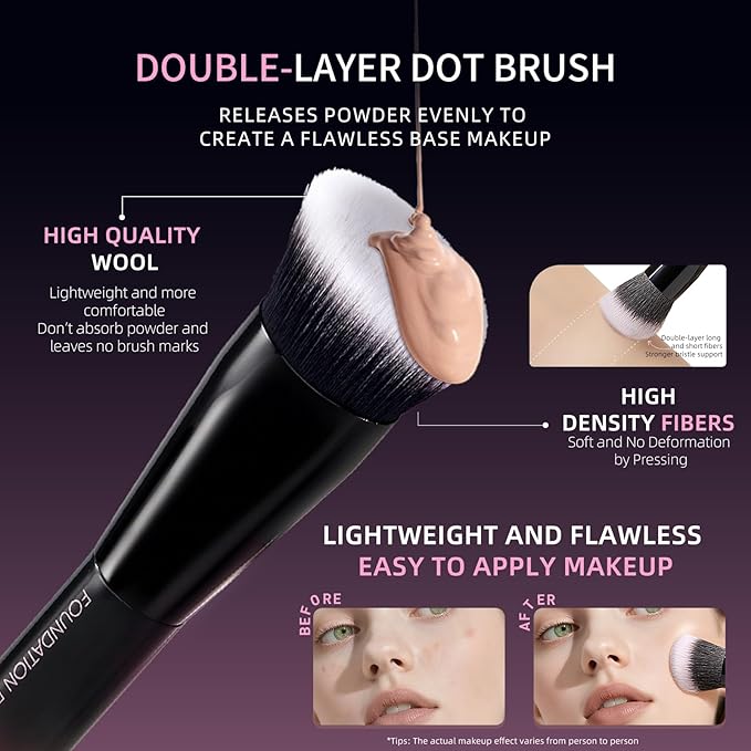Makeup Brush Set, Flat Top Kabuki Brush Premium Foundation Brush for Liquid, Cream, and Powder with 2 Makeup Sponge for Foundation, Powder, Blush, and Concealer-VeraVaultWomen