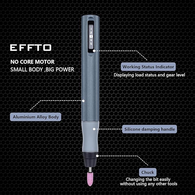 Electric Cordless Rotary Tool, Engraving Pen with 30 Engraving Bits, 5 Speed Level Adjustable, OLED Screen Display Speed and Power, Big Power No Core Motor