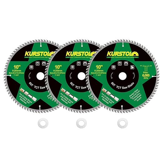 Circular Saw Blade 10 Inch - 80T ABT Wood Cutting Saw Blade with 1” Arbor for Wood, Plastic, Plywood, Particle Boards, Multilayer Boards(3 Pack)