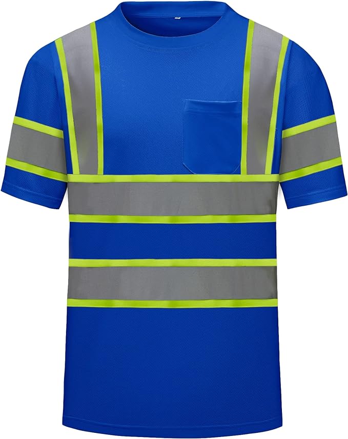 High Visibility Shirts Quick Dry Safety T Shirts with Reflective Strips and Pocket Short Sleeve Mesh Hi Vis Construction Work Class 2 Shirt for Men/Women Blue,Small