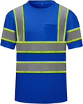 High Visibility Shirts Quick Dry Safety T Shirts with Reflective Strips and Pocket Short Sleeve Mesh Hi Vis Construction Work Class 2 Shirt for Men/Women Blue,XL