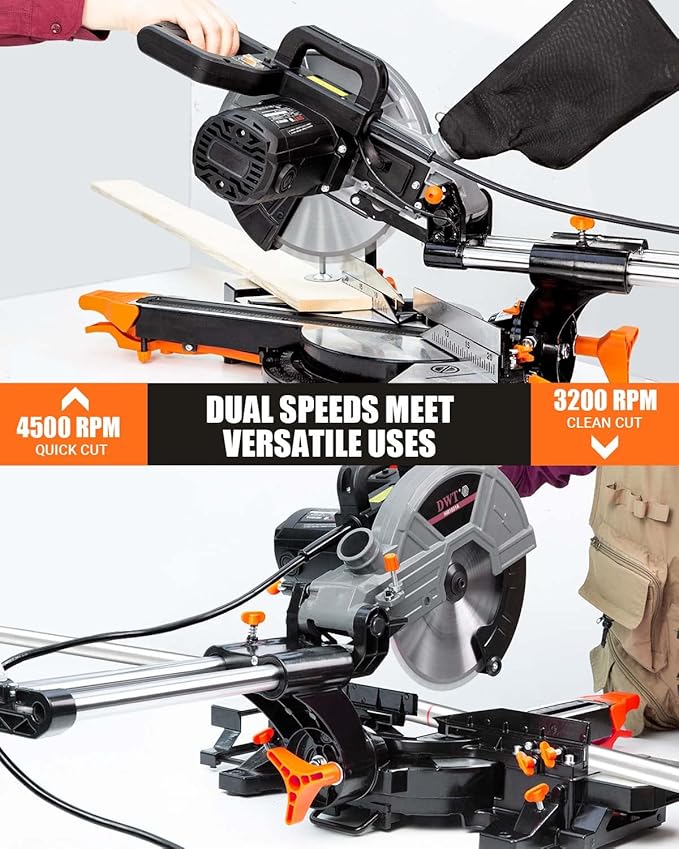 Sliding Compound Miter Saw with 3 Blades, 15A 10", Double Speed (4500 RPM & 3200 RPM), Bevel Cut (0°-45°) with Laser, Extension Table, Iron Blade Guard, Cutting Wood, PVC or Soft Metal