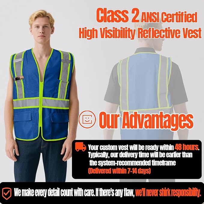 BeautyWill Custom Safety Vest Customized Logo Class 2 High Visibility Reflective Vest with Pockets Construction workwear