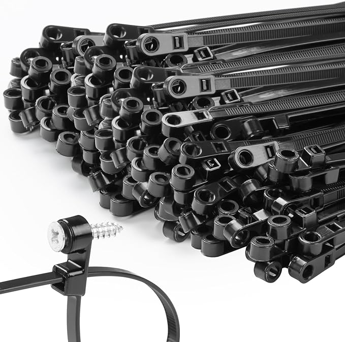 1000 PCS 12 inch Black Zip Ties with Screw Hole 70lbs Mountable head Cable Ties Straps Multipurpose Heavy Duty Nylon Cable Zip Ties with Screw Mounting Hole