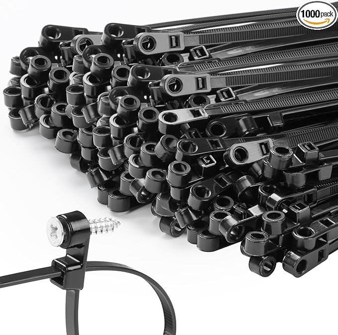 1000 PCS 10 inch Black Zip Ties with Screw Hole 70lbs Mountable head Cable Ties Straps Multipurpose Heavy Duty Nylon Cable Zip Ties with Screw Mounting Hole