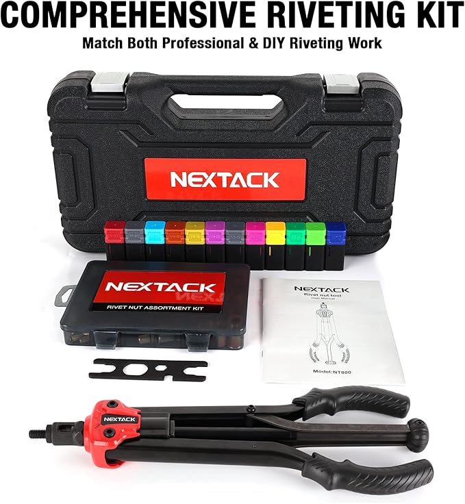 Heavy Duty Rivet Nut Tool Kit, 16" Auto Release Nut Rivnut Tool with 12 SAE & Metric Mandrels & 105 Nurserts, Threaded Riveter Tool Setter in Rugged Carrying Case NT800