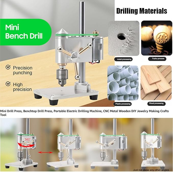 Mini Drill Press, Precision Variable Speed Benchtop Drill Press, Electric Portable Bench Drilling Machine JT0 Chuck CNC 360° Rotating for Metal Wooden DIY Jewelry Making Crafts Tool