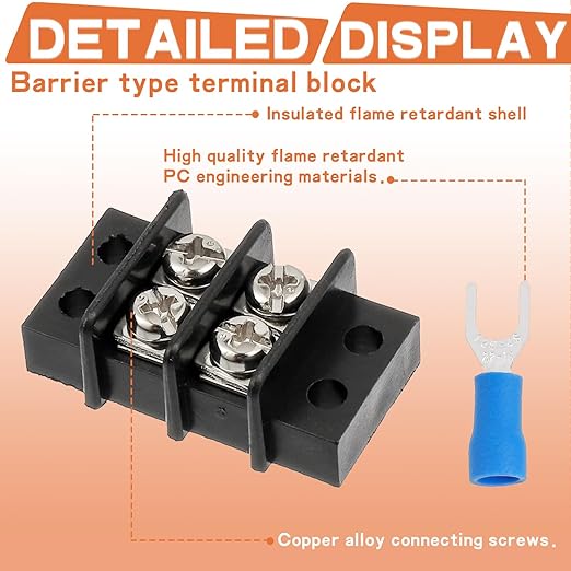 10 Circuits 10 Positions Terminal Block 20-30A 200-450V Dual Row Screw Terminals Strip with 60 PCS Heat Shrink Wire Fork Connectors(Pack of 3pcs)