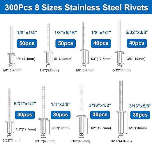 smseace 300Pcs Stainless Steel Pop Rivets Assortment Kit 8-Sizes Stainless Rivets(1/8" 5/32" 3/16") for Metal/Furniture/Automotive/Instruments Stainless Steel Rivets Set