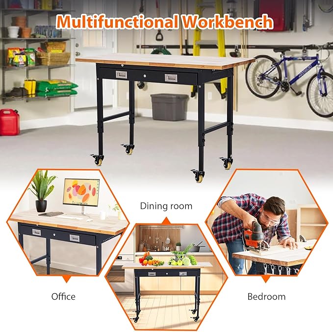 60'' Adjustable Workbench, Heavy Duty Workbench with Drawer, Power Outlet and Lockable Wheels, 2000 LBS Capacity, Work Table Suitable for Office, Garage, Workshop
