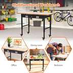 60'' Adjustable Workbench, Heavy Duty Workbench with Drawer, Power Outlet and Lockable Wheels, 2000 LBS Capacity, Work Table Suitable for Office, Garage, Workshop