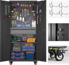Aobabo Metal Storage Cabinet with Wheels and Adjustable Pegboard, Steel Rolling Tool Cabinet with 16 Hooks and 1 Interior Drawers for Garage, Home, Office, Kitchen, Black, Assembly Required