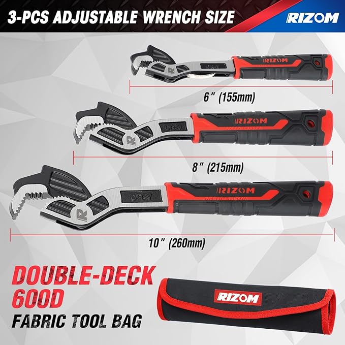 Rizom Pipe Wrench Set, 6” 8” 10” Self Adjusting Wrench, Plumbers Wrench with Self Tightening Function for 9/32”-1 3/8” (7-35mm) Pipe Fittings and Nuts