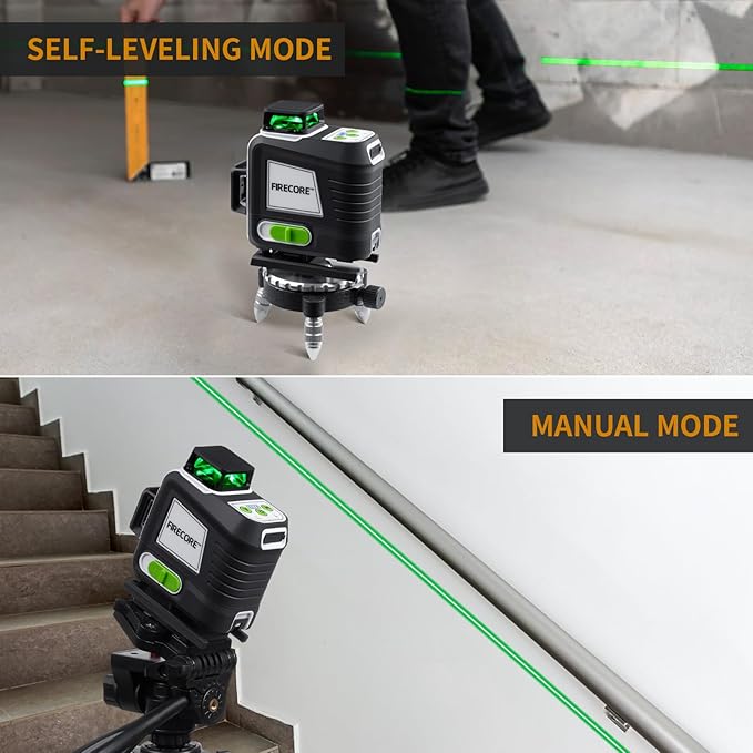Firecore 4 x 360 Laser Level Self Leveling, 16 Lines Green Beam 4D Cross Line Tiling Floor Tool, 3 Gear Brightness Adjustment/Pulse Mode for Construction, 2 Li-ion Batteries, Remote Control included