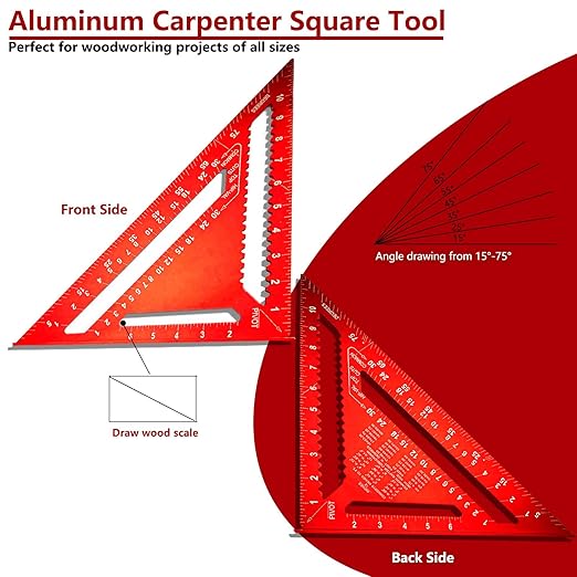 Carpenter Square 12 Inch &7 Inch,Aluminum Rafter Square Carpenter for Woodworking,Sturdy Angle Drawing Measuring Ruler,Layout Tool Alloy Triangle Ruler Protractor for Carpentry,Red