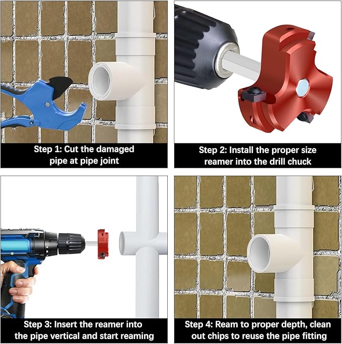 1-1/2 Inch PVC Pipe Reamer,PVC Fitting Saver Socket Saver with 3 Carbide Insert,1.5" Plastic Pipe Fitting Reamer Plumbing Tool for Sch.40 CPVC ABS Socket Hub,Fit Standard 1/2" Drill