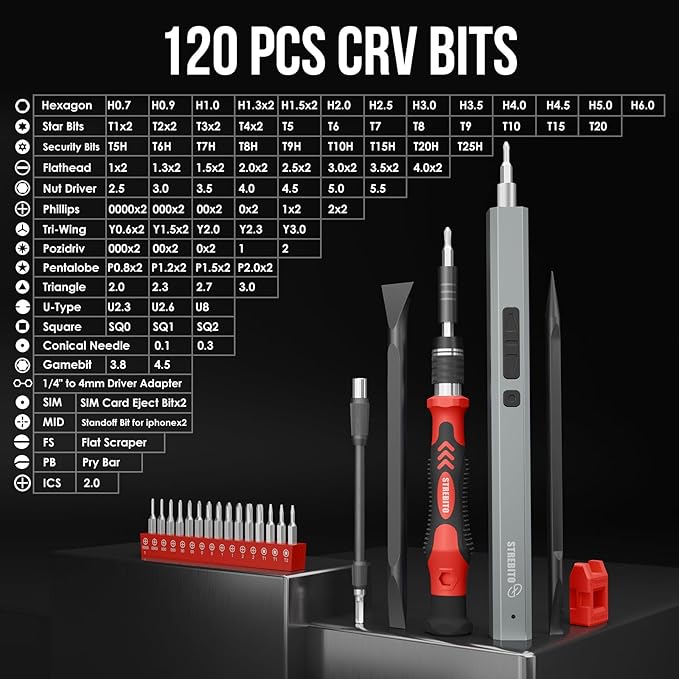 STREBITO Mini Electric Screwdriver Set 144-Piece Electric Precision Screwdriver, 3.7V Power Screwdriver Cordless, Rechargeable Small Electric Screwdriver Kit, PC Electronic Phone RC Drone Repair Tool