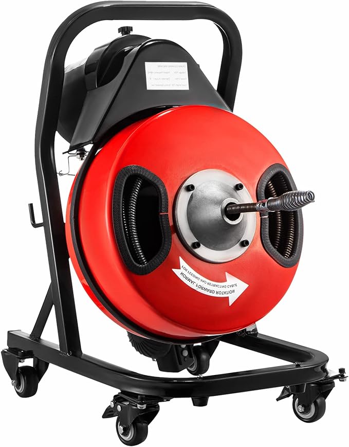 VEVOR 50FT x 1/2Inch Sewer Snake Cleaning Machine on 4 Wheels Electri Drain Auger with 4 Cutters & Foot Switch for 1''-4'' Pipes, Red, Black