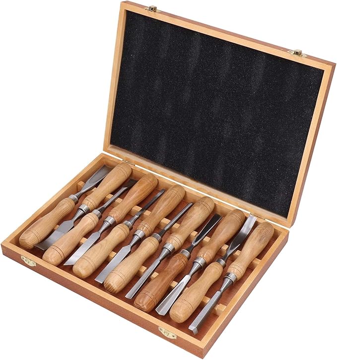 Cunyuer 12 PCS Wood Carving Tools, 60CRV Blade Wood Chisel Sets with Wooden Case, Woodworking Chisel for DIY Handicrafts