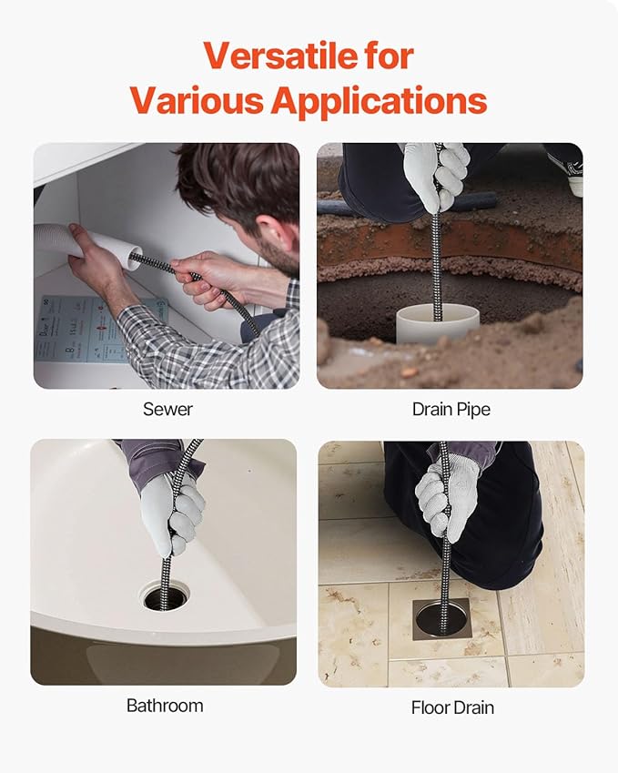 VEVOR Drain Cleaning Machine 50 FT x 3/8 Inch, Sewer Snake Machine Auto Feed, Drain Auger Cleaner with 4 Cutter & Air-Activated Foot Switch for 1" to 4" Pipes, Orange, Black