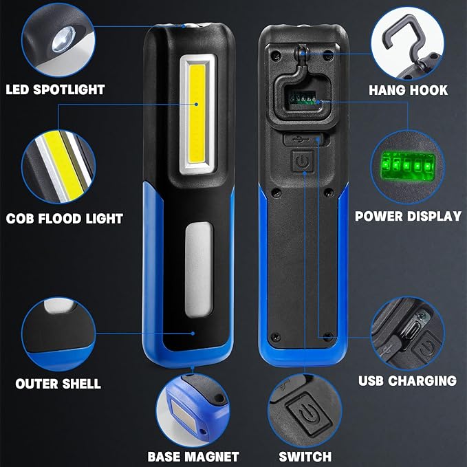 Rechargeable LED Flashlight Magnetic Light, Portable Work Light Trouble Lights Lamp for Mechanics, Compact Reliable and Super Bright Flash Light for Tool Gifts for Men(Blue)