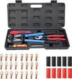 iCrimp Battery Cable Lug Crimping Tool Kit For Copper Lugs Awg 8-1/0,Battery Cable Crimper with Stripper 24pcs Copper Battery Lugs and 10pcs Heat Shrink Tubes, Include Wire Cutter