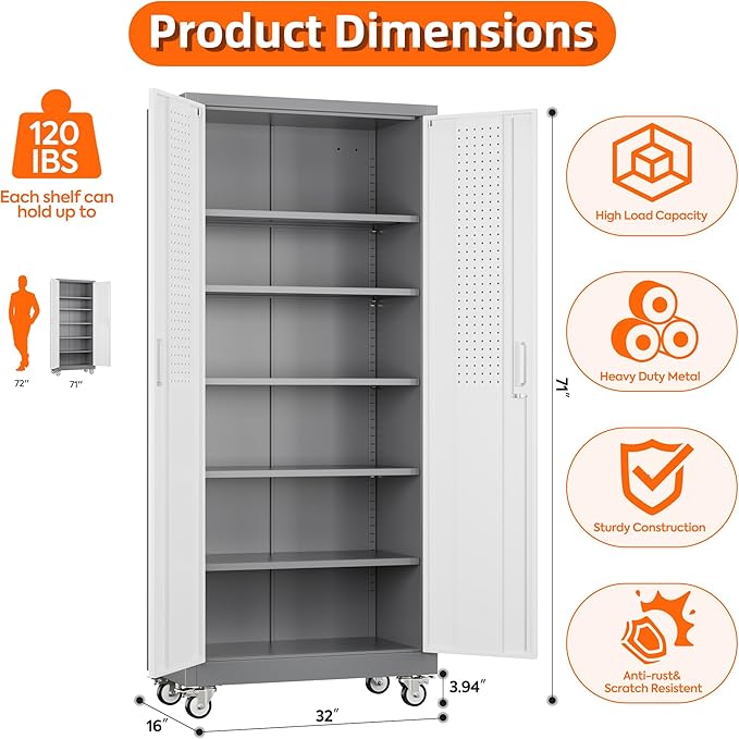 Aobabo 71" H x 32" W x 16" D Metal Storage Cabinet with Wheels, Garage Steel Storage Cabinet with 5 Adjustable Shelves and 4 Hooks for Home Office School, Assembly Required, Grey White