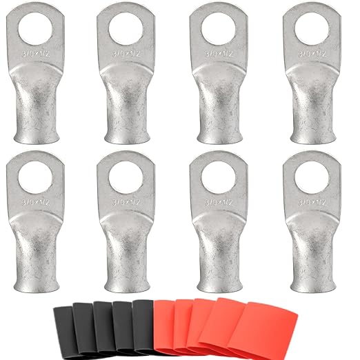 000 Gauge Tinned Copper Cable Lugs 8 PCS 3/0 AWG-1/2(M12) Ring Terminal Heavy Duty Wire Lugs Battery Lugs, 8 PCS 3/0 Guage terminals Battery Cable Ends Connectors with 8 PCS 3:1 Heat Shrink Tube