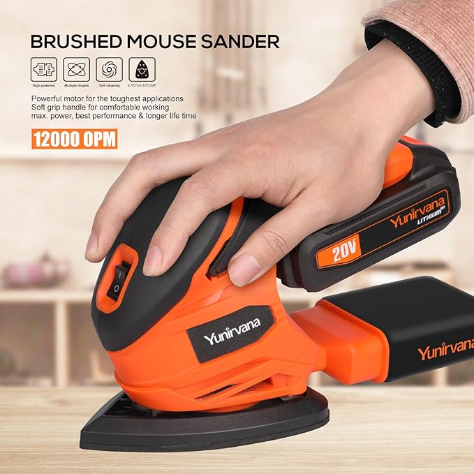 20V 1.3Ah Cordless Sander, Detail Sanders, 20Pcs Sandpapers,12000 RPM Sanders with Dust Collection System for Tight Spaces Sanding in Home Decoration, Battery and Charger Included