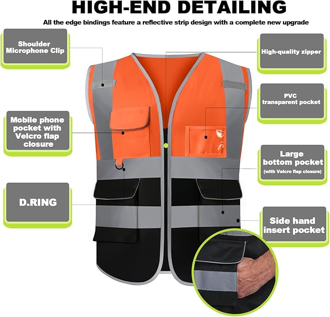 BeautyWill Custom Safety Vest Customized Logo Class 2 High Visibility Reflective Vest with Pockets Construction workwear