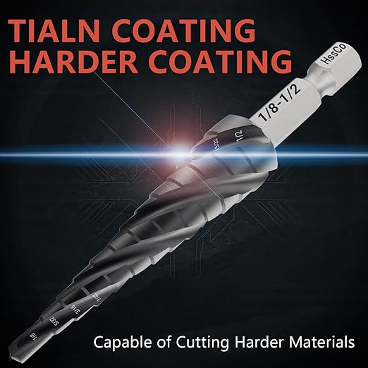 M35 Four Spiral Flute Cobalt Step Drill Bit 1/8"-1/2", Wear-Resistant TiAlN Coated 1/4" Hex Shank Unibit Step Bit for Metal, Stainless Steel, Aluminum, Wood, Plastic（13 Sizes）