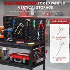 Workbench with Dual Pegboards 3-Tier Adjustable Rolling Work Table Heavy Duty Metal Tool Bench with Push Handle & Wheels Mobile Workstation for Garage, Workshop, Warehouse