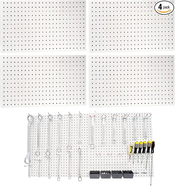 Metal Peg Panels - 4 Pcs 24' x 12' Wall Organizer, Steel Pegboard Tool Board, White Pegboard for Garage Storage & Organization