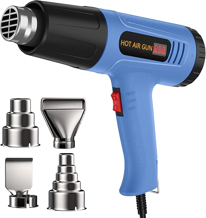 Heat Gun for Vinyl Wrap,Shrink Tubing,Paint,Epoxy Resin,Candle Making,Adjustable Temperature,Overload Protection Hot Air Gun Kit Nozzles(Side Temp Display + Stepless Temp Control)