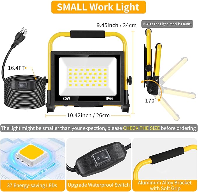 30 Watts LED Work Light, 3600 Lumens Outdoor Flood Light with 16ft Cord & Switch, IP66 Waterproof Portable Working Lighting with Stand, 5000K Dayight Worklight for Job Site Garage Workshop