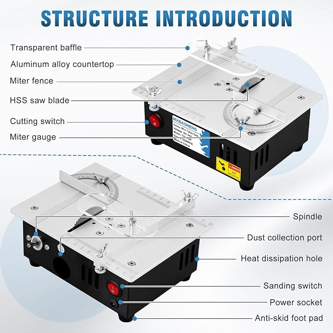MXBAOHENG Updated Mini Multifunctional Table Saw with Cutting & Sanding Switch, Small Portable Hobby Table Saw for DIY Crafts, Model Making, Wood/Plastic/Acrylic Cutting, 96W 7-Speed Control