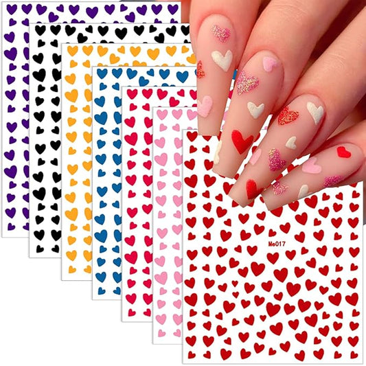 10 Sheets Heart Nail Stickers - 3D Self-Adhesive Glitter Colorful Valentine's Day Nail Decals - DIY Decoration for Women & Girls