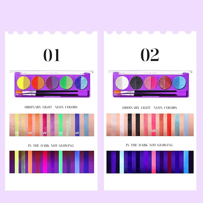 10 Colors Water Activated Eyeliner Palette,Water Activated Eyeliner,Neon Pigment Self Glowing Palette,Costume Halloween and Club Makeup Art Paint (01)