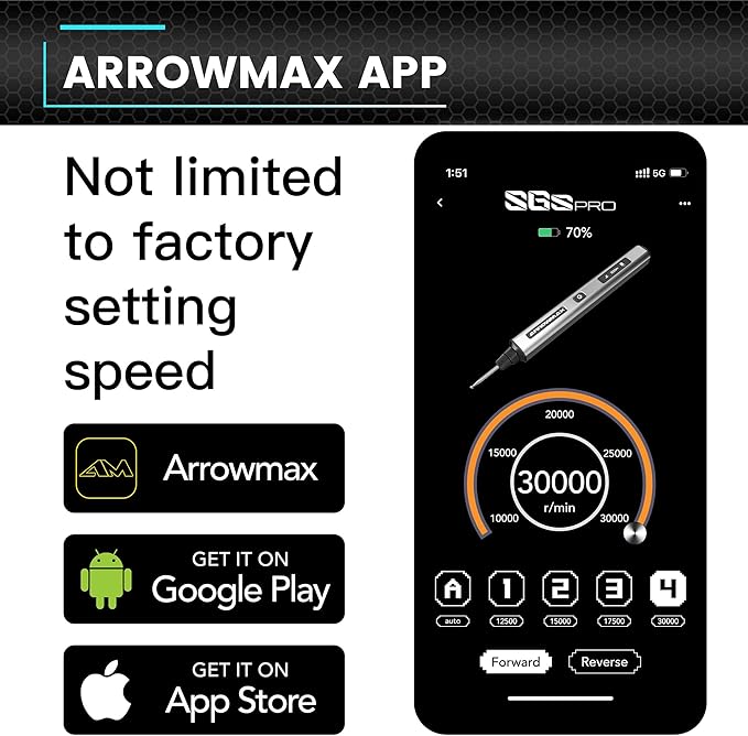 AM ARROWMAX Mini Engraving Pen with 42 Bits - Rotary Tool Smart Motion Control, OLED, Bluetooth, APP, Wireless Magnetic Charge, Engraving Pen for Metal, Wood, Glass and Plastic (SGS PRO) Black
