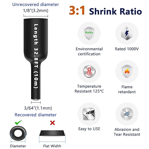 1/8 inch Heat Shrink Tubing, 66 Ft 3:1 Dual Wall Adhesive Lined Shrink Tube, Waterproof Marine-Grade Shrink Wrap Tubing for Electrical Insulation, Industrial, Automotive & DIY Wiring – Black