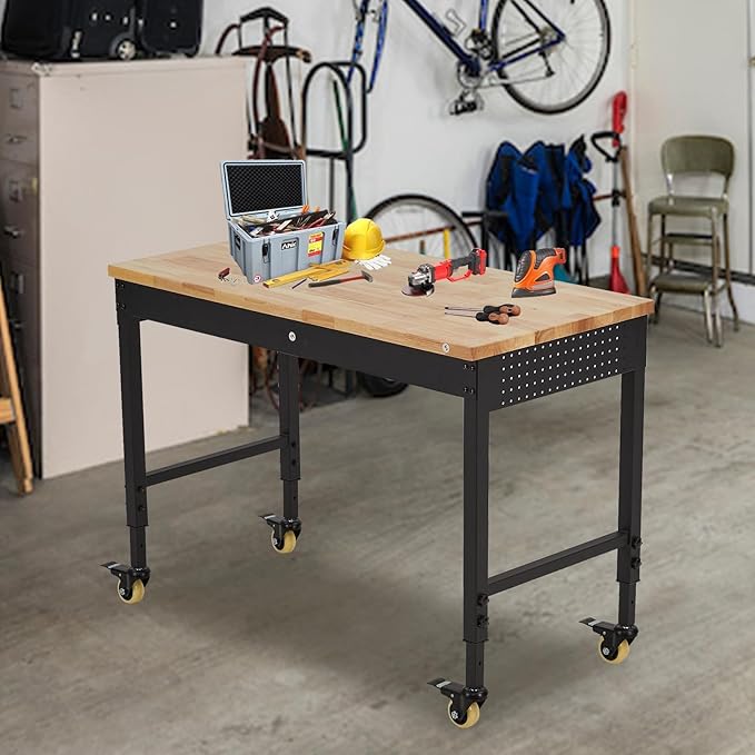 Work Bench 48" Adjustable Height, Heavy-Duty Portable Workbench with Power Outlets and Drawer for Garage & Workshop, 2000 LBS Load Capacity Large Pegboard, Work Table for Office, Home, Easy Assembly