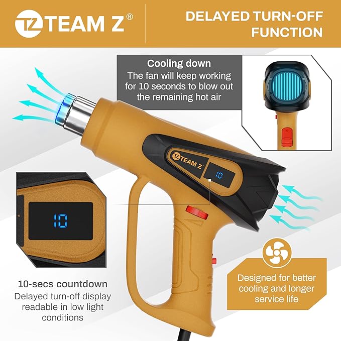 TEAM Z 1800W Premium Heat Gun kit 140°F~1202°F - Heavy Duty Heat Shrink Gun with Single Handed Operation, LCD Display Hot Air Gun with Case, Overload Protection with 6 Nozzles for Crafts