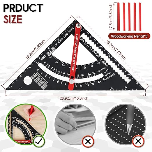 7 inch Carpenter Square, Woodworking Triangle Ruler Set, CNC Aluminum Alloy Framing Square, Adjustable Angle Carpentry Triangle Ruler, Multifunction Carpenter Square Protractor with 5 Pencils