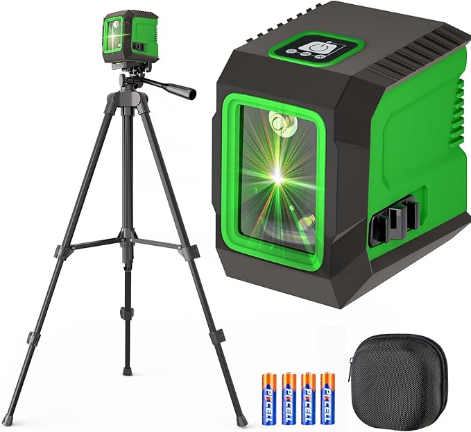 Laser Level with 50” Tripod, 360° Self Leveling Cross Line Laser Level, Green Beam Horizontal and Vertical Line leveler Tool for Hanging Pictures, Home Renovation with 4 AA Batteries & Carry Pouch
